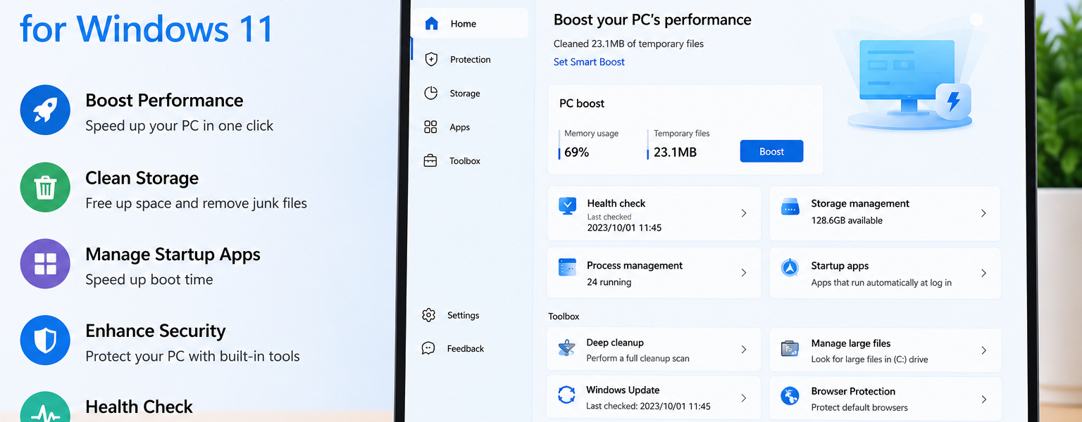 Microsoft PC Manager dashboard on Windows 11 laptop showing PC Boost, Storage Management, Health Check, and Windows optimization tools.
